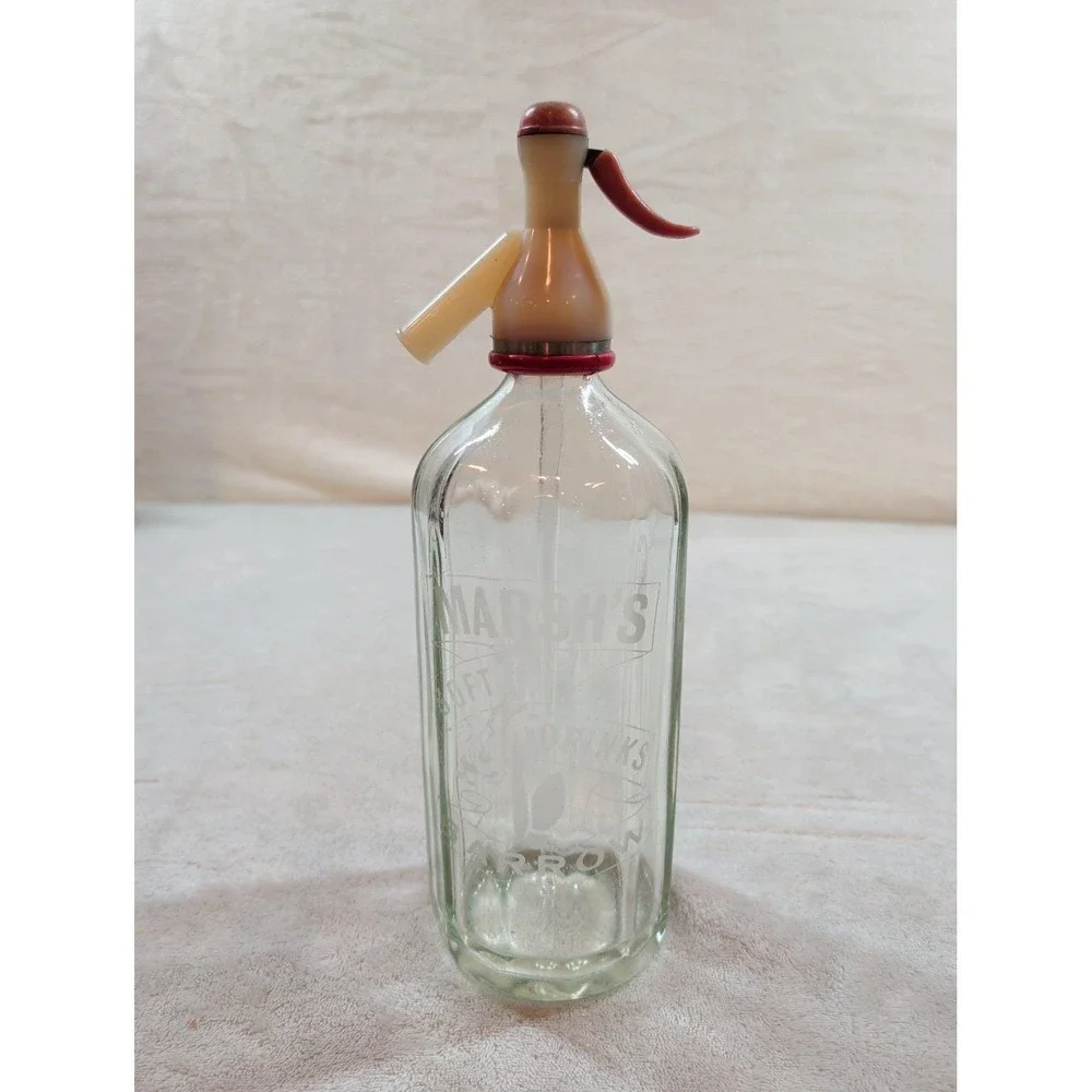 Vintage‎ Marsh's Soft Drinks Barrow Etched Glass Seltzer Bottle Soda Siphon